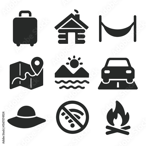 Vacation Icons Set. Solid, filled icons set of weekend and vacation detox ideas: travel bag, cabin icon,