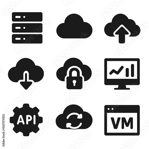 Cloud Computing Icons. Solid, filled icons set of getting started with cloud computing: server rack, cloud
