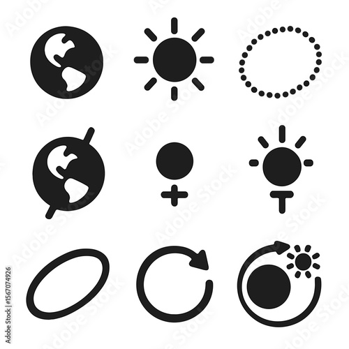Earth-Sun Icon Grid. Solid, filled icon set of Earth orbiting the sun: Earth icon, sun icon, orbit path, tilted axis, equinox