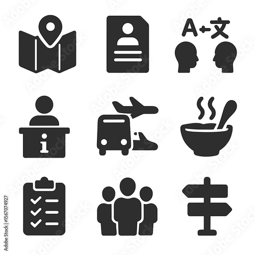 Migrant Aid Icons. Solid, filled icons set of migrant assistance programs: map icon, legal form, interpreter