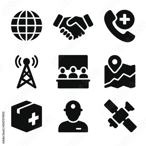 Crisis Management Icons. Solid, filled icon set of crisis management and coordination during international crises: globe,