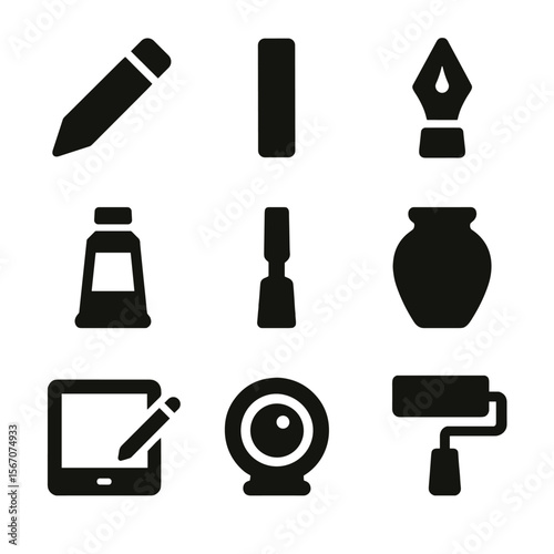 Creative Tools Icons. Solid, filled icon set of creative tools: pencil, charcoal stick, ink pen, watercolor tube, chisel, clay pot