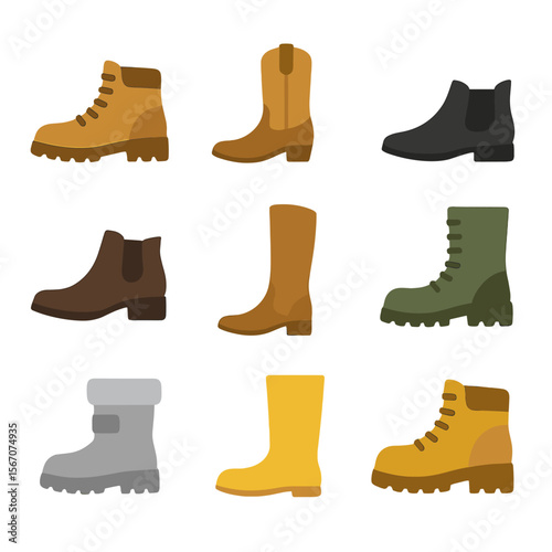 Boot Icon Variety. Flat icon set of boot types: hiking boot, cowboy boot, Chelsea boot, ankle boot, riding boot, combat boot, snow