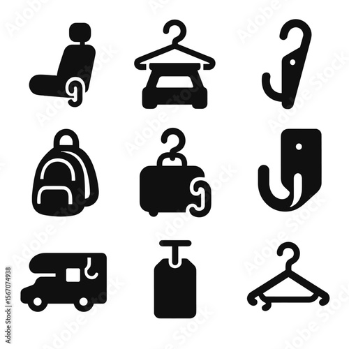 Vehicle Hook Solutions. Solid, filled icons set of vehicle and travel hook solutions: car seat hook, trunk