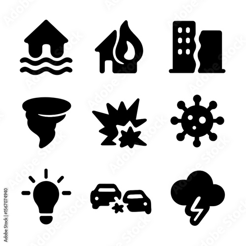 Crisis Icon Set. Solid, filled icon set of Crisis scenarios: flood, fire, earthquake, tornado, explosion, virus, blackout, traffic