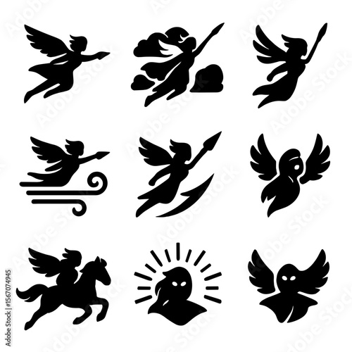 Valkyrie Icons in Flight. Solid, filled icons set of valkyries in flight: flying silhouette, cloud streak,