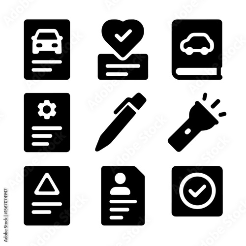 Vehicle Document Icons. Solid, filled icons set of glove compartment documents: car registration, insurance