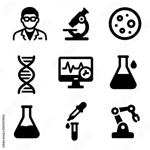 Research Icon Grid. Solid, filled icon set of research and development: scientist, microscope, petri dish, test tube, DNA strand,