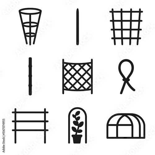 Gardening Stakes Icons. Solid, filled icon set of gardening stakes and supports: tomato cage, plant stake, trellis, bamboo stick,
