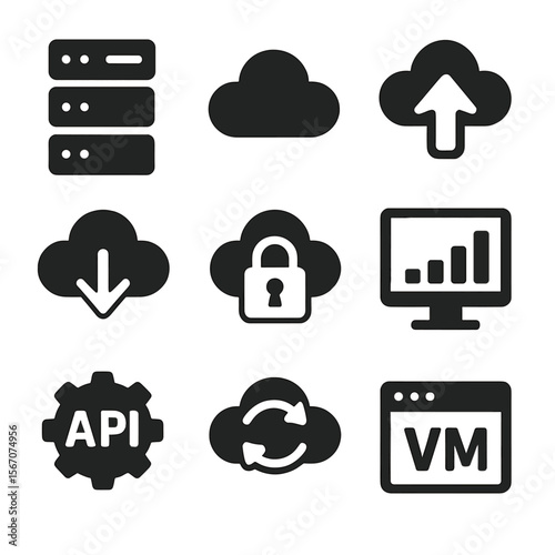 Cloud Computing Icons. Solid, filled icons set of getting started with cloud computing: server rack, cloud