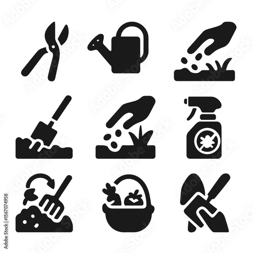 Gardening Chores Icons. Solid, filled icon set of seasonal gardening chores: pruning shears, watering can, mulch spreading, soil