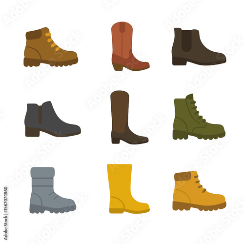 Boot Icon Variety. Flat icon set of boot types: hiking boot, cowboy boot, Chelsea boot, ankle boot, riding boot, combat boot, snow
