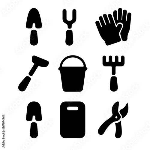 Garden Tools Icons. Solid, filled icon set of garden weed removal tools: hand trowel, weeder tool, gloves, hoe, bucket, rake,