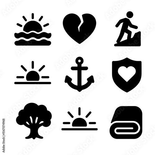 Resilience Icons Grid. Solid, filled icon set of resilience and light: sunrise above storm, cracked but whole icon, uphill climb,