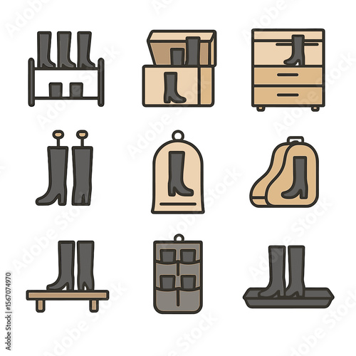 Boot Storage Icon Set. Flat icon set of boot storage solutions: boot rack, storage box, shoe cabinet, boot tree, dust bag, boot