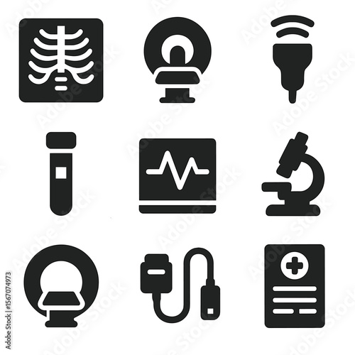 Medical Diagnostics Icons. Solid, filled icons set of medical diagnostics: X-ray icon, MRI machine, ultrasound
