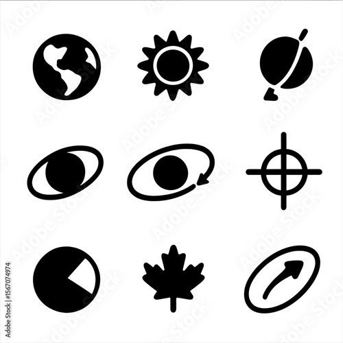 Earth-Sun Icon Grid. Solid, filled icon set of Earth orbiting the sun: Earth icon, sun icon, orbit path, tilted axis, equinox