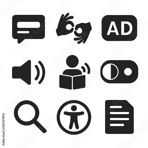 Video Accessibility Icons. Solid, filled icons set of video accessibility features: subtitle icon, sign