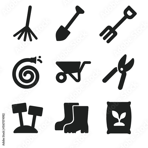 Gardening Tool Icons. Solid, filled icon set of gardening tools: rake, hoe, garden fork, watering hose, wheelbarrow, pruning