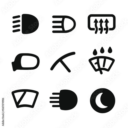 Vehicle Visibility Icons. Solid, filled icons set of vehicle visibility enhancements: headlight beam, fog lamp