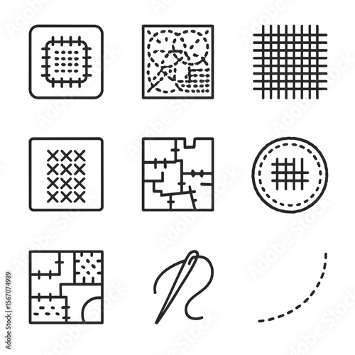 Sustainable Mending Icons. Outline icon set of sustainable mending techniques: visible mending patch, sashiko stitching pattern,