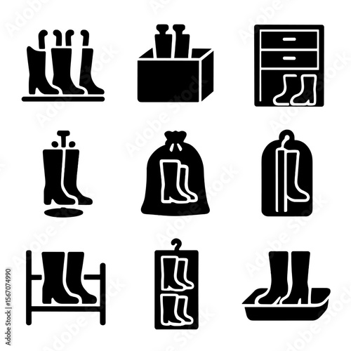 Boot Storage Icons. Solid, Filled icon set of boot storage solutions: boot rack, storage box, shoe cabinet, boot tree, dust bag,