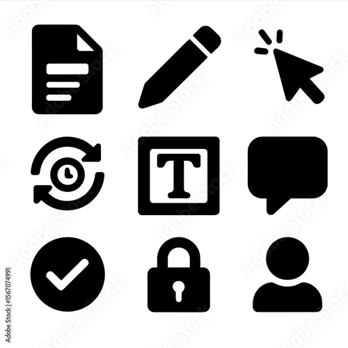 Cloud Document Icons. Solid, filled icons set of cloud-based document editing: doc file icon, pencil tool,