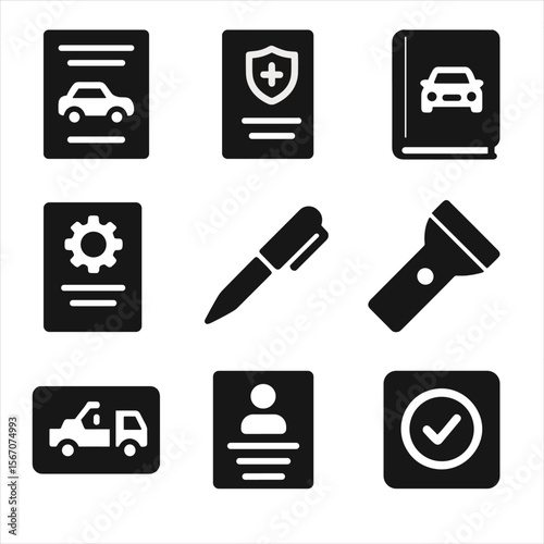 Vehicle Document Icons. Solid, filled icons set of glove compartment documents: car registration, insurance