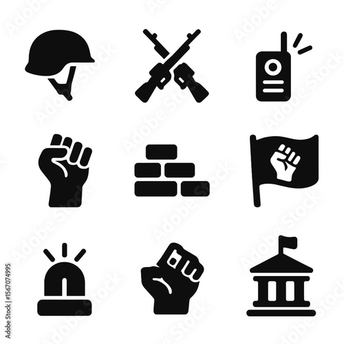 Military Icons Grid. Solid, filled icons set of military coups and resistance: helmet icon, crossed rifles,