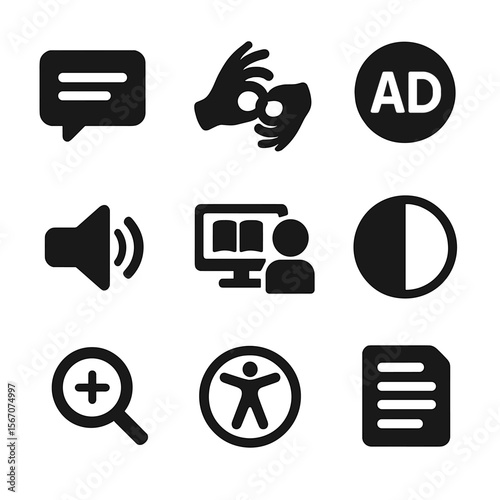 Video Accessibility Icons. Solid, filled icons set of video accessibility features: subtitle icon, sign