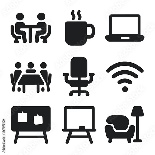Co-Working Icons Grid. Solid, filled icons set of co-working spaces: shared desk, coffee mug, laptop icon,