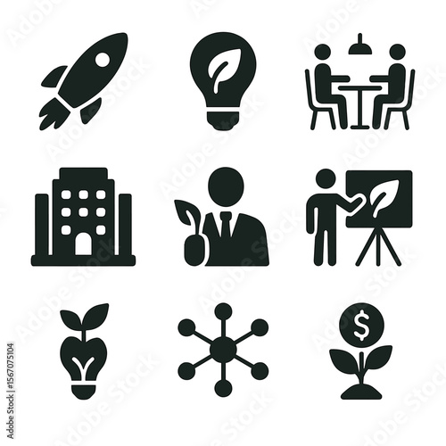 Eco Startup Icons. Solid, filled icon set of green startups and innovation hubs: startup rocket, eco innovation lightbulb, green