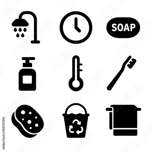 Eco-friendly Bath Icons. Solid, filled icon set of eco-friendly bathing: low-flow shower head, timer clock, biodegradable soap,
