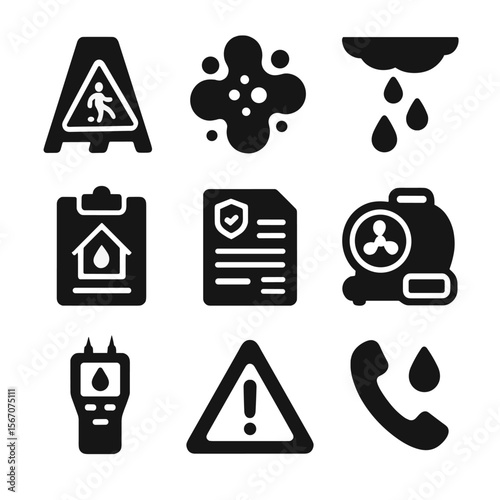 Water Damage Icons. Solid, filled icons set of water damage alerts: wet floor, mold spot, dripping ceiling,