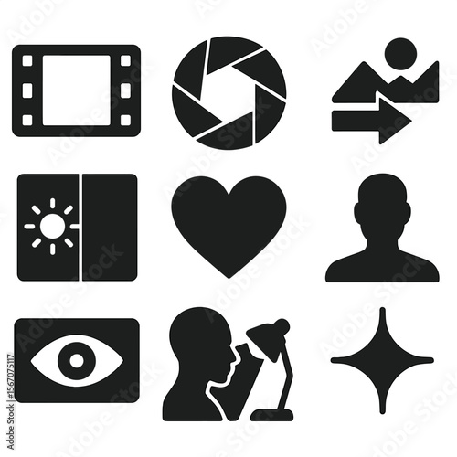 Visual Storytelling Icons. Solid, filled icons set of visual storytelling elements: cinematic frame, lens
