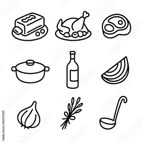 Braised Dishes Icon Set. Outline icon set of braised dishes: braised short rib, coq au vin, osso buco, braising pan, wine bottle,