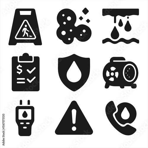 Water Damage Icons. Solid, filled icons set of water damage alerts: wet floor, mold spot, dripping ceiling,