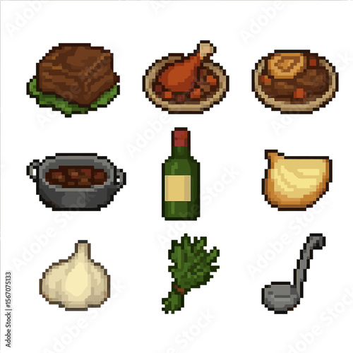 Braised Dishes Icons. Pixel art icon set of braised dishes: braised short rib, coq au vin, osso buco, braising pan, wine bottle,