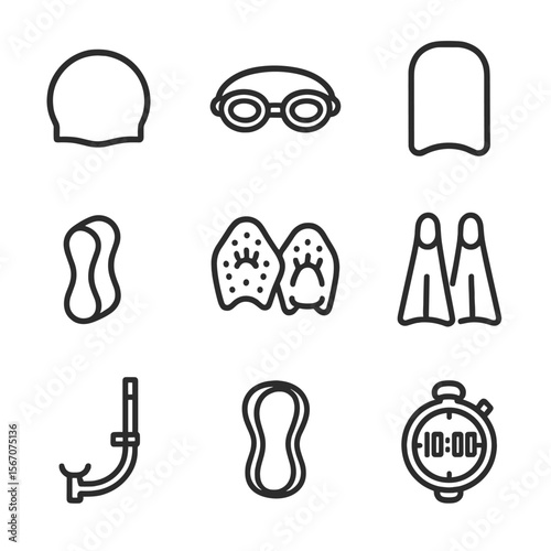 Swim Gear Icons. Outline icon set of swim training equipment: swim cap, swimming goggles, kickboard, pull buoy, hand paddles, swim