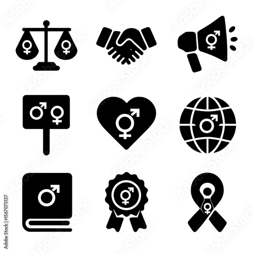 Gender Equality Icons. Solid, filled icon set of gender equality themes: balance scale, handshake, megaphone, protest sign, heart,