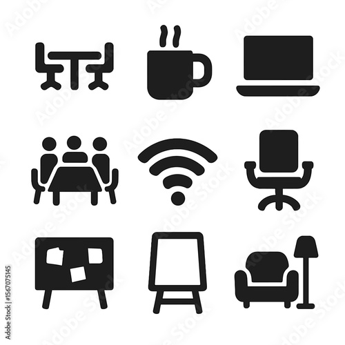 Co-Working Icons Grid. Solid, filled icons set of co-working spaces: shared desk, coffee mug, laptop icon,