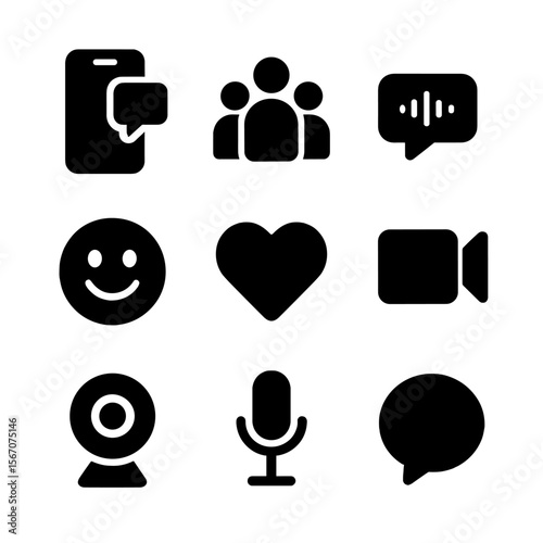 Gen Z Communication Icons. Solid, filled icon set of Gen Z & Millennial communication habits: texting phone, group chat, voice