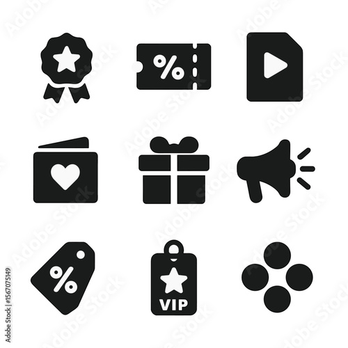Reward Icons Grid. Solid, filled icon set of follower rewards: badge icon, coupon, exclusive content, thank you note, gift box,