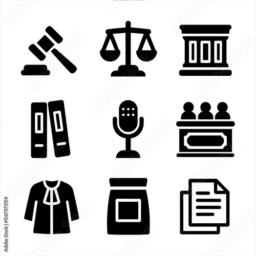 Courtroom Items Icons. Solid, filled icon set of courtroom items: gavel, legal scales, judge bench, legal books, microphone, jury