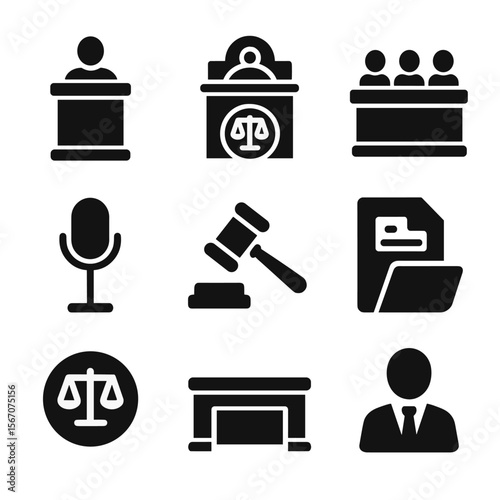 Courtroom Icons Grid. Solid, filled icon set of courtroom elements: witness stand, judge’s bench, jury box, microphone, legal