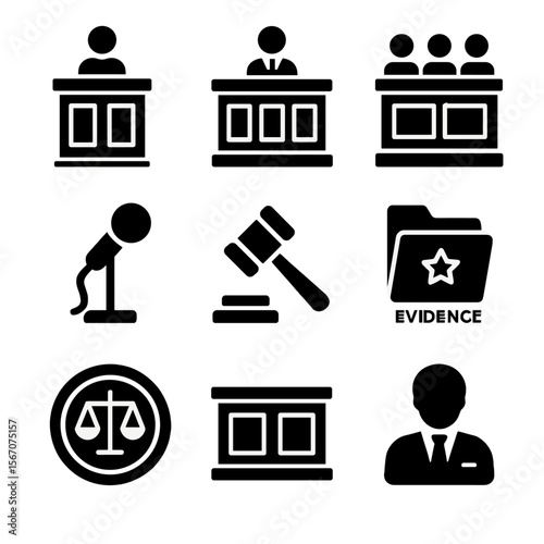 Courtroom Icons Grid. Solid, filled icon set of courtroom elements: witness stand, judge’s bench, jury box, microphone, legal