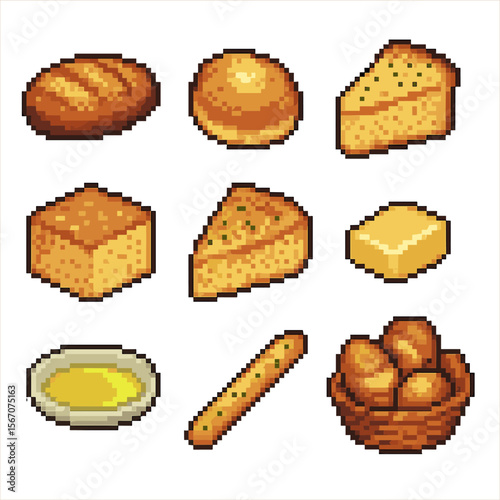 Bread & Accompaniments Icons. Pixel art icon set of bread and side accompaniments: crusty loaf, dinner roll, garlic bread slice,