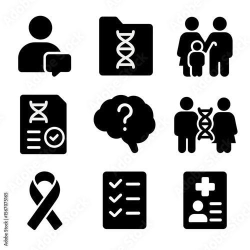 Genetic Counseling Icons. Solid, filled icon set of genetic counseling and support: counselor figure, DNA folder, family icon,