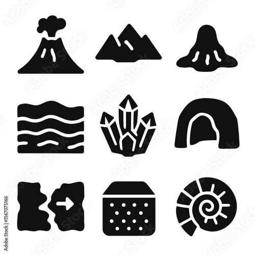 Geological Icons Grid. Solid, filled icon set of Geological origins: volcano, mountain range, lava flow, rock layers, crystal