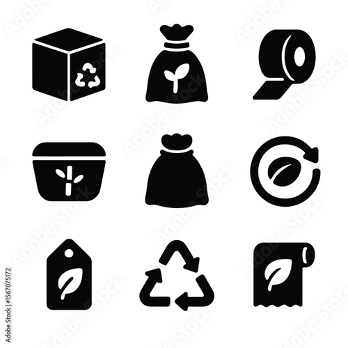 Eco-Friendly Packaging Icons. Solid, filled icon set of eco-friendly packaging: recyclable box, compostable bag, paper tape,